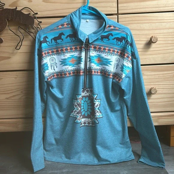 Blue Aztec Horse Print Half-Zip Up Jacket Womens 1XL Fits like Medium - Picture 1 of 9